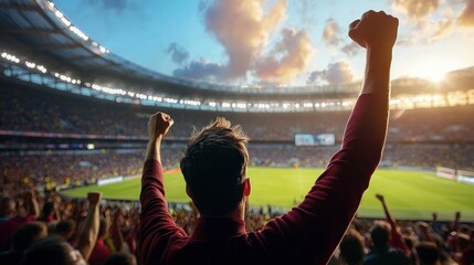 A person with their hand in the air, cheering at a sports event