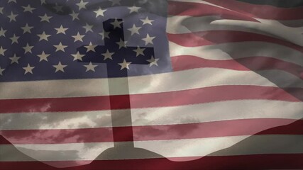 Waving American flag with cross silhouette against cloudy sky backdrop animation