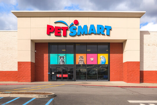General view of the facade, logo and entrance at a PetSmart pet store in Spokane, Washington State, March 22 2025.