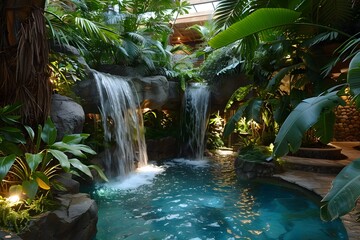 Indoor Waterfall Oasis: Tropical Plants, Natural Stone, Relaxing Water Feature, Tranquil Spa Retreat, Interior Design