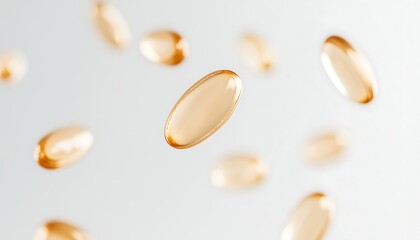Floating capsules Vitamin E dramatically suspended over a white background, emphasizing health and wellness