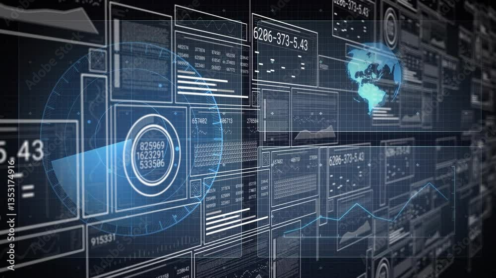 Poster digital data processing with graphs and world map animation on screens