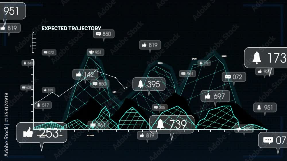 Poster animation showing graph with notifications and trajectory text in school presentation
