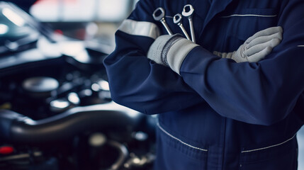 Automotive Mechanic with Tools in Hands Standing in Garage &ndash; Car Repair and Maintenance Concept
