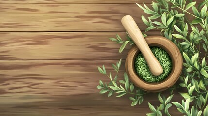 Professional Top View Mugwort Herb Decorated with Mortar and Pestle Image