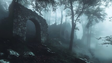 A mysterious misty forest with a hidden ancient ruin