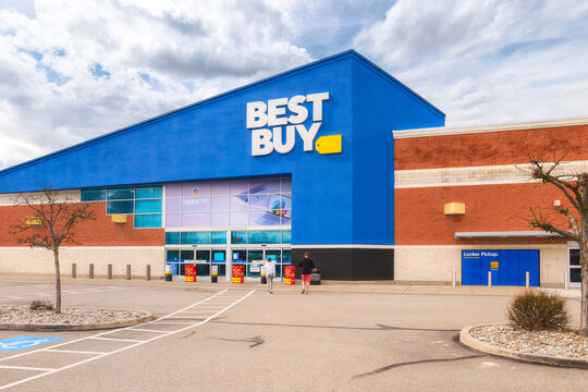 General view of the facade, logo and entrance at a Best Buy store in Spokane, Washington State, March 22 2025.