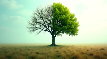 Obraz premium Half Dead Half Alive Tree in Misty Field Representing Change and Growth