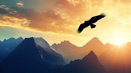 Naklejka premium An eagle soaring above majestic mountains at sunset light