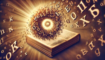 An artistic rendering of an old English dictionary, with alphabet letters swirling out of its pages, symbolizing the rich history and evolving nature