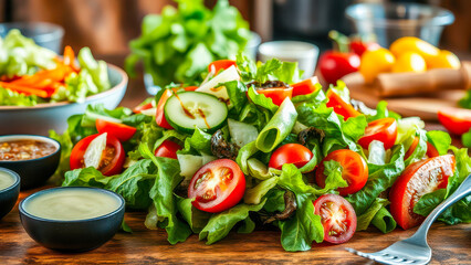 Frischer Gemüsesalat mit Tomaten, Gurken und Dressingschalen auf Holztisch