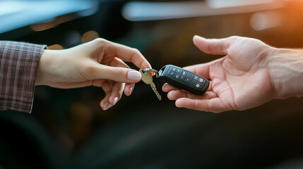 Close-Up of Hands Exchanging Car Keys – Car Rental, Sale, or Ownership Concept