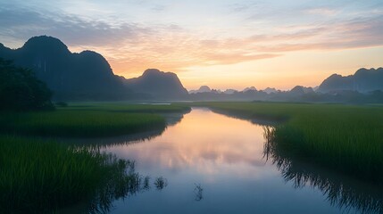 Obraz premium A scenic view of a rice paddy field in Vietnam at sunrise