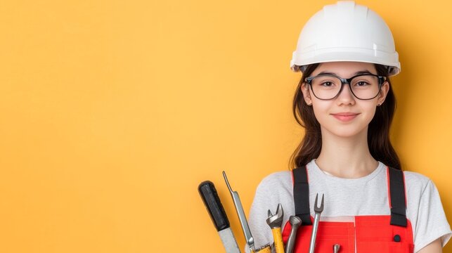 Young woman in work attire with tools and hardhat