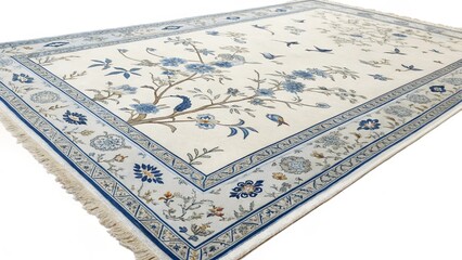A close-up of a Nain 9La carpet with a cream background and blue floral patterns, showcasing a traditional Persian rug.
