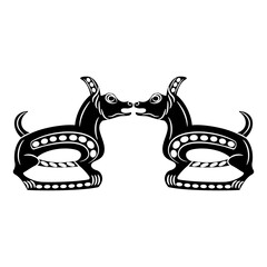 Symmetrical ethnic design with two stylized dogs. Permian animal style. Folk motif from ancient Siberia. Black and white silhouette.