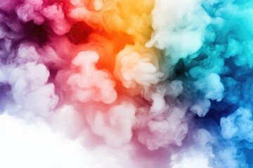 Fototapeta premium Vibrant cloud of colored smoke. Dense, swirling, colorful smoke plumes against a white background. A mix of rainbow hues, showcasing a dynamic, abstract pattern