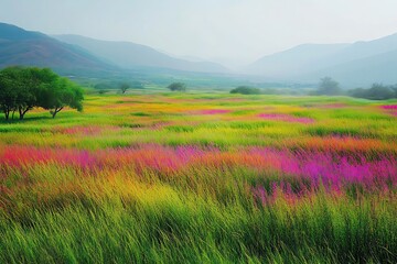 Fototapeta premium Field of Tall Grass with Traces of Holi Colors