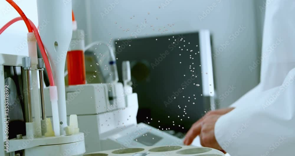Poster working in laboratory, scientist analyzing data with animation overlaying scene