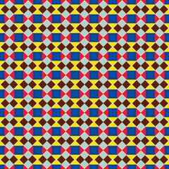 Seamless colorful geometric pattern with repeating squares and diamond shapes in red, blue, yellow, white. Bold decorative design ideal for textile, wallpaper, packaging, background, creative branding