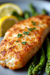 Cooking delicious baked fish with asparagus kitchen culinary recipe cozy from above