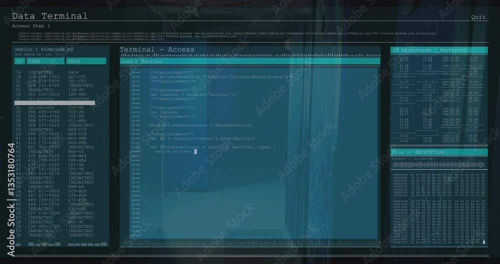 Poster animation showing code processing on digital terminal screen in school setting