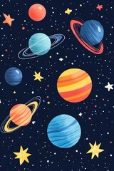 Whimsical illustration of colorful planets and stars in outer space