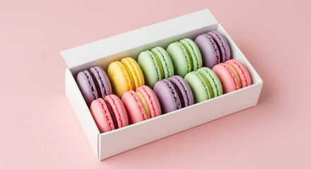 Colorful Macarons in a Stylish White Box on Pastel Pink Background