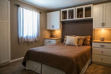 Obraz premium A cozy bedroom featuring a bed with decorative pillows and storage