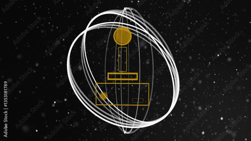 Poster animation of yellow geometric shapes and lines creating abstract design with orbits