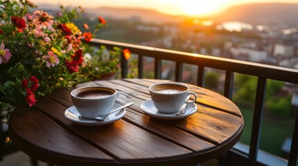 Two cups of coffee on a wooden table with a view of the city skyline. The cups are white and the table is brown