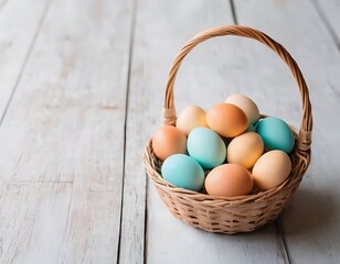 Easter painted eggs in the basket on wooden rustic table for your decoration in holiday, Minimalist, Copy Space