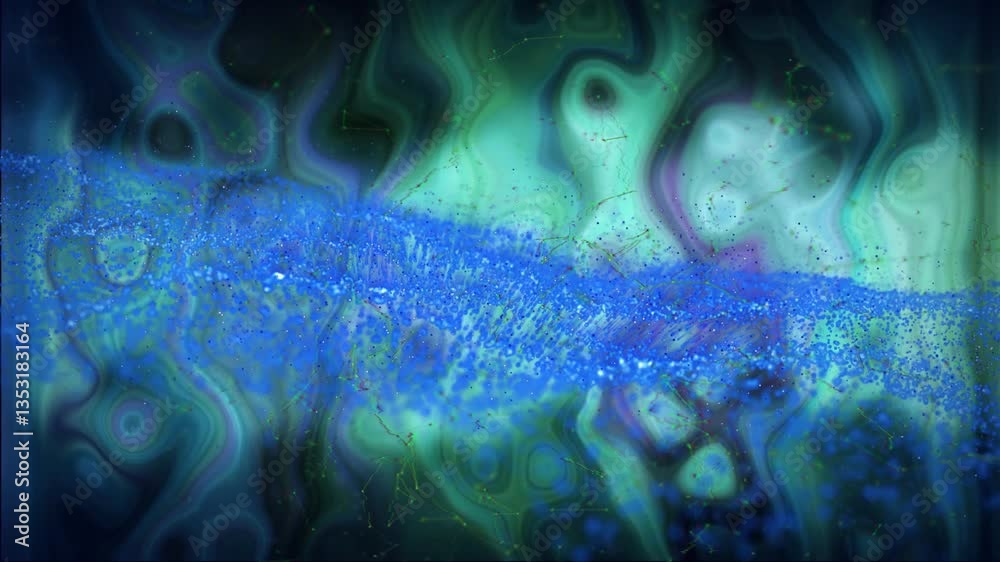 Poster animation of swirling blue and green patterns creating dynamic, fluid motion effect