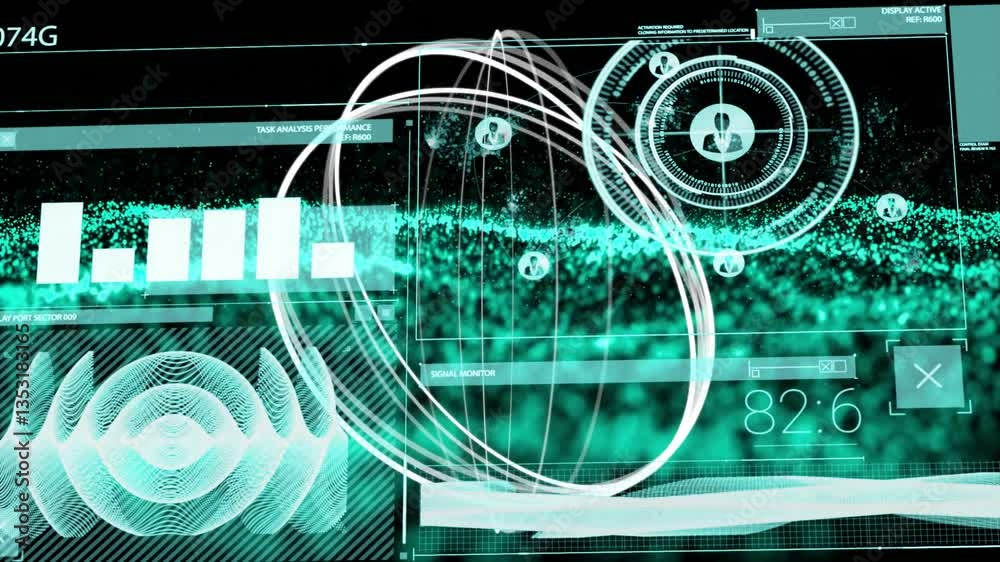 Poster animation of futuristic digital interface with abstract shapes and data in school