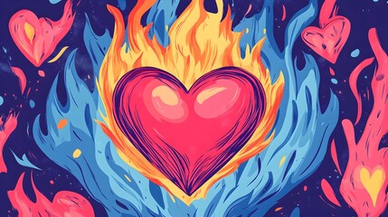 Fiery heart symbolizing love and passion with Xoxo hugs and kisses in trendy vector design