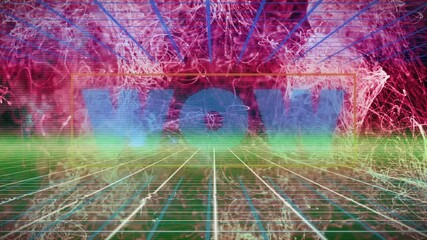 Animation with colorful WOW text and digital lines in abstract background - Powered by Adobe