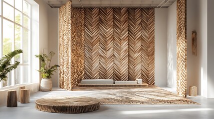Conceptual depiction of decorative chevron patterns highlighting interwoven motifs in architectural facades and furniture design