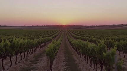 Fototapeta premium Sunset over French Vineyard Rows of Grapes at Dusk.