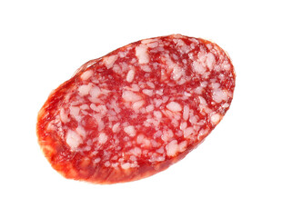 Piece of delicious smoked sausage isolated on white