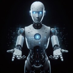 Fototapeta premium ai robot black background arms extended palms welcoming offering gesture humanoid futuristic glow artificial intelligence