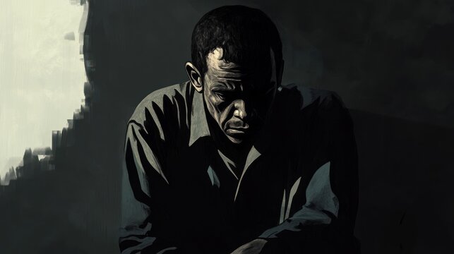 Depressed man, dark room, contemplation, inner turmoil