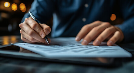 Hands Writing on White Paper with Black Pen in Dark Workspace with Blurry Background