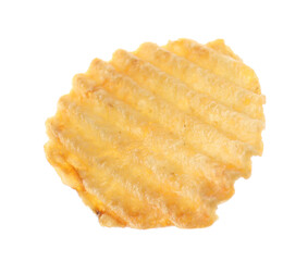 One tasty ridged potato chip in air isolated on white