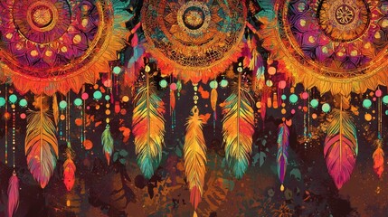 Vibrant Dreamcatchers with Colorful Feathers and Abstract Background