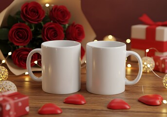 Two Mugs with Roses and Gifts Valentine's Day Romantic Still Life