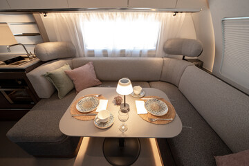 ANKARA,TR-AUGUST 20,2024:Interior with,tables,refrigerator,kitchen corners,ceiling...