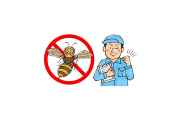 スズメバチ駆除業者の男性作業員（スズメバチ禁止マーク）