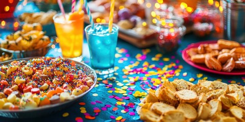 Fototapeta premium A close-up of a table filled with party snacks, drinks, and colorful confetti, setting the mood for a fun celebration