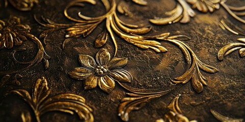 A close-up of an embossed gold pattern on dark textured paper, creating an elegant design