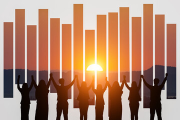 Silhouette of happy business teamwork making high hand over head standing back side on sunrise background, friendship,victory,cooperation,achievement,copy space.